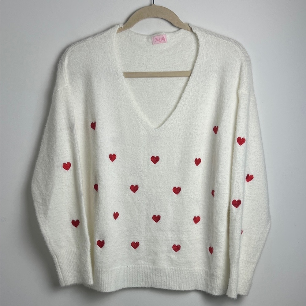 Pink Lily Cream V-Neck Embroidered Heart Fuzzy Soft Long Sleeve Sweater Size 2XL - Picture 3 of 13